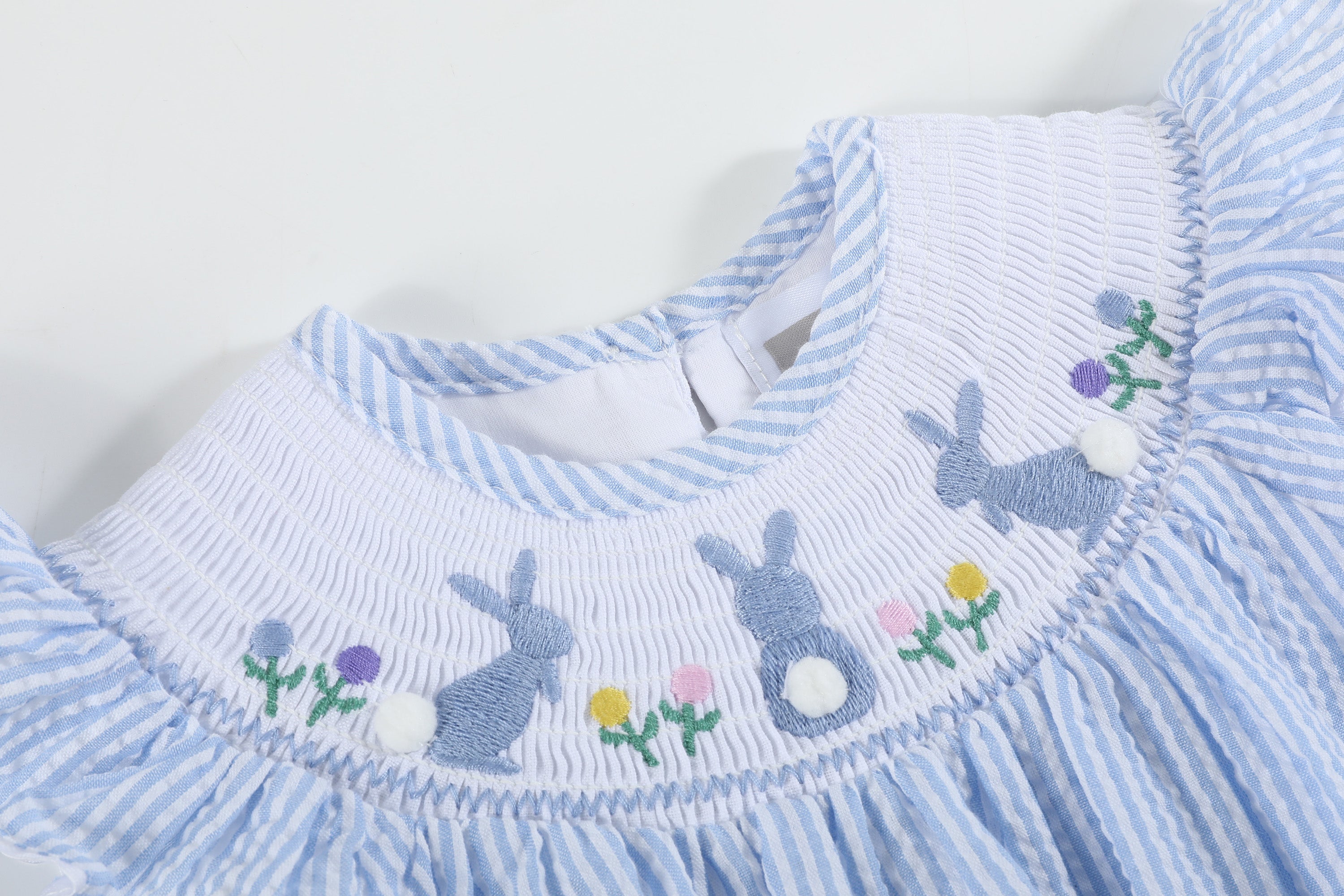 Light Blue Seersucker Easter Bunny Smocked Flutter Romper