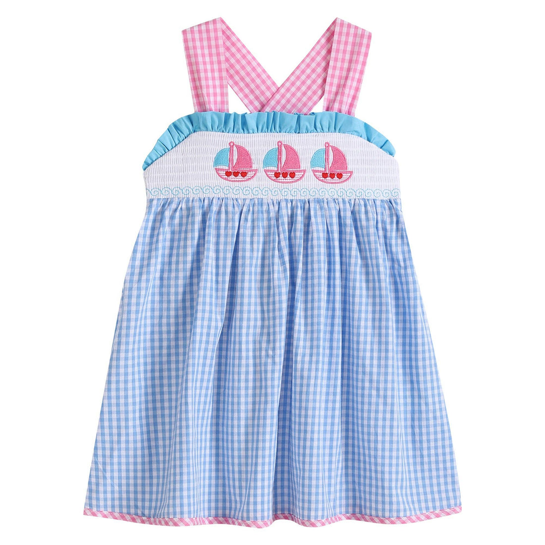 Baby Blue Gingham Pink Sailboats Smocked Baby Dress 3-6M - Gathering Littles