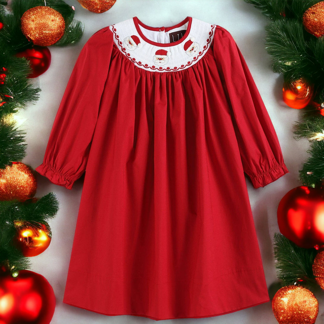 Toddler Red Poplin Christmas Santa Smocked Bishop Dress - Gathering Littles