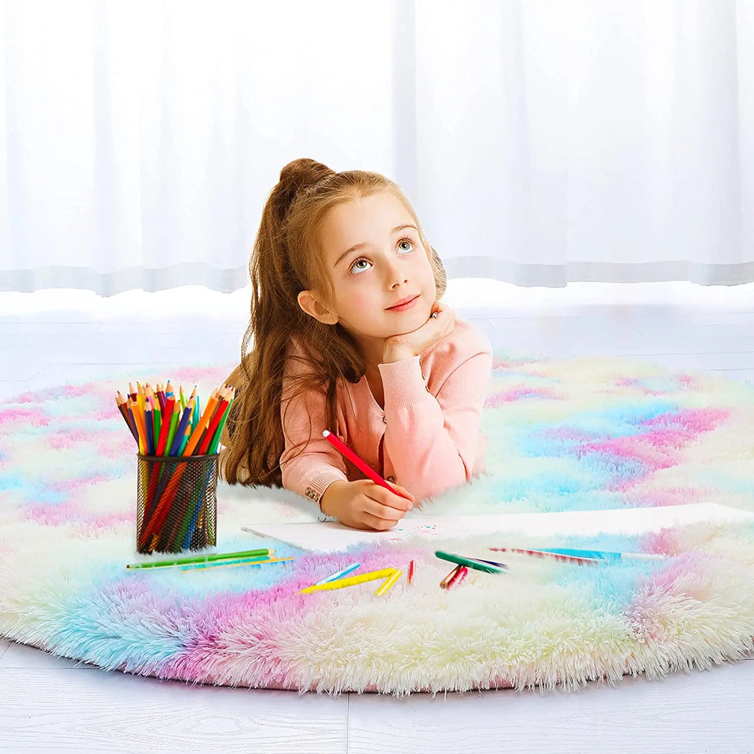 Noahas Round Rainbow Rug For Girls Kids Bedroom Rugs Circular Fluffy Carpet Princess Castle Furry Area Children&