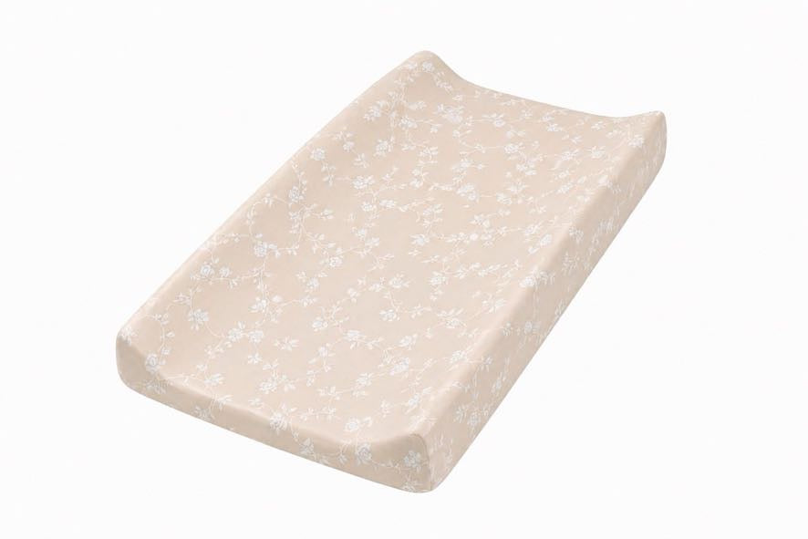 Beige White Floral Changing Pad Cover