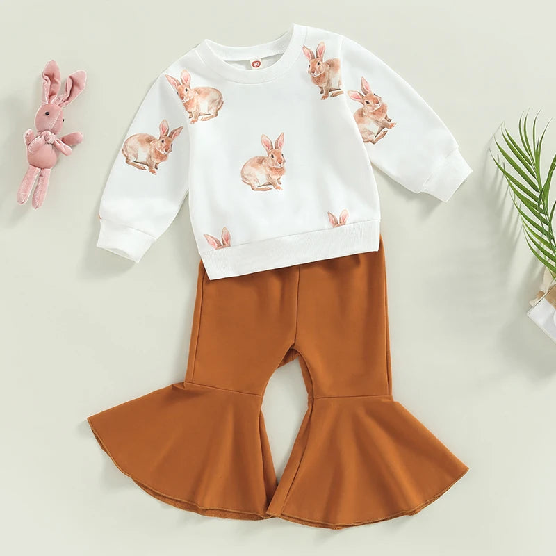 2022-12-01 Lioraitiin 0-4Years Toddler Girls Easter Clothes Set Rabbit Print Long Sleeve Crew Neck Sweatshirts Solid Flare Pant - Gathering Littles