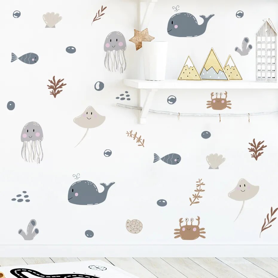 Ocea Animals Cartoon Whale Seaweed Wall Stickers for Kids Room Nursery Kindergarten Wall Decor Removable PVC Wall Decals - Gathering Littles