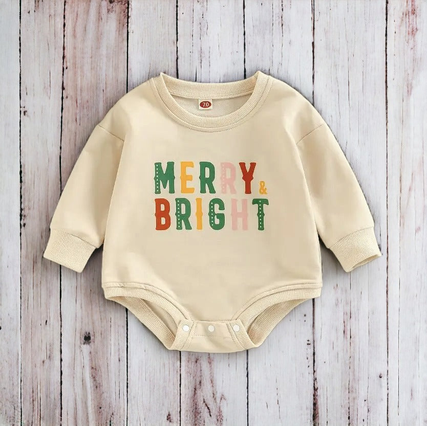 &quot;Merry and Bright&quot; Baby Christmas Onesie Bubble Romper - Gathering Littles
