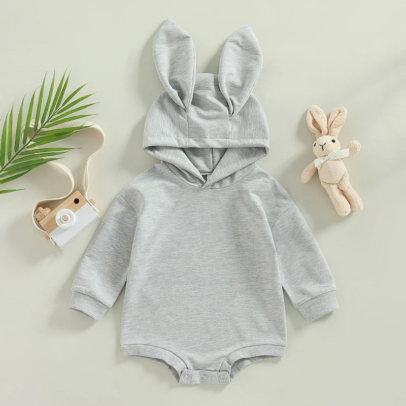 2023-01-05 Lioraitiin 0-24M Infant Baby Boy Girl Easter Jumpsuit Solid Rabbit Ear Hood Long Sleeve Jumpsuit Casual Clothing - Gathering Littles