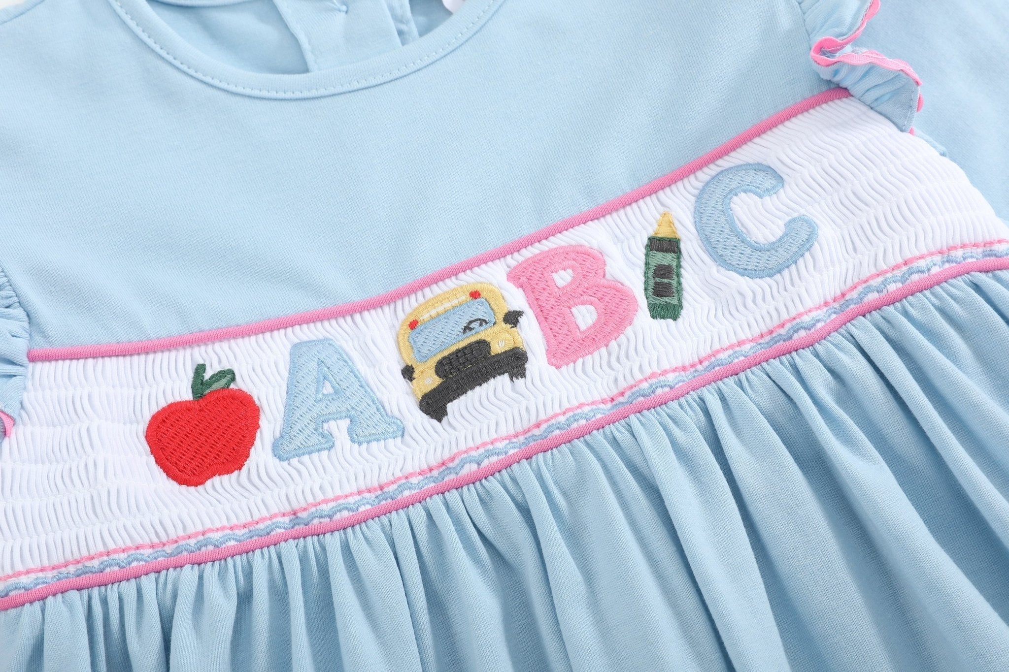 Blue Smocked Knit ABC School Dress