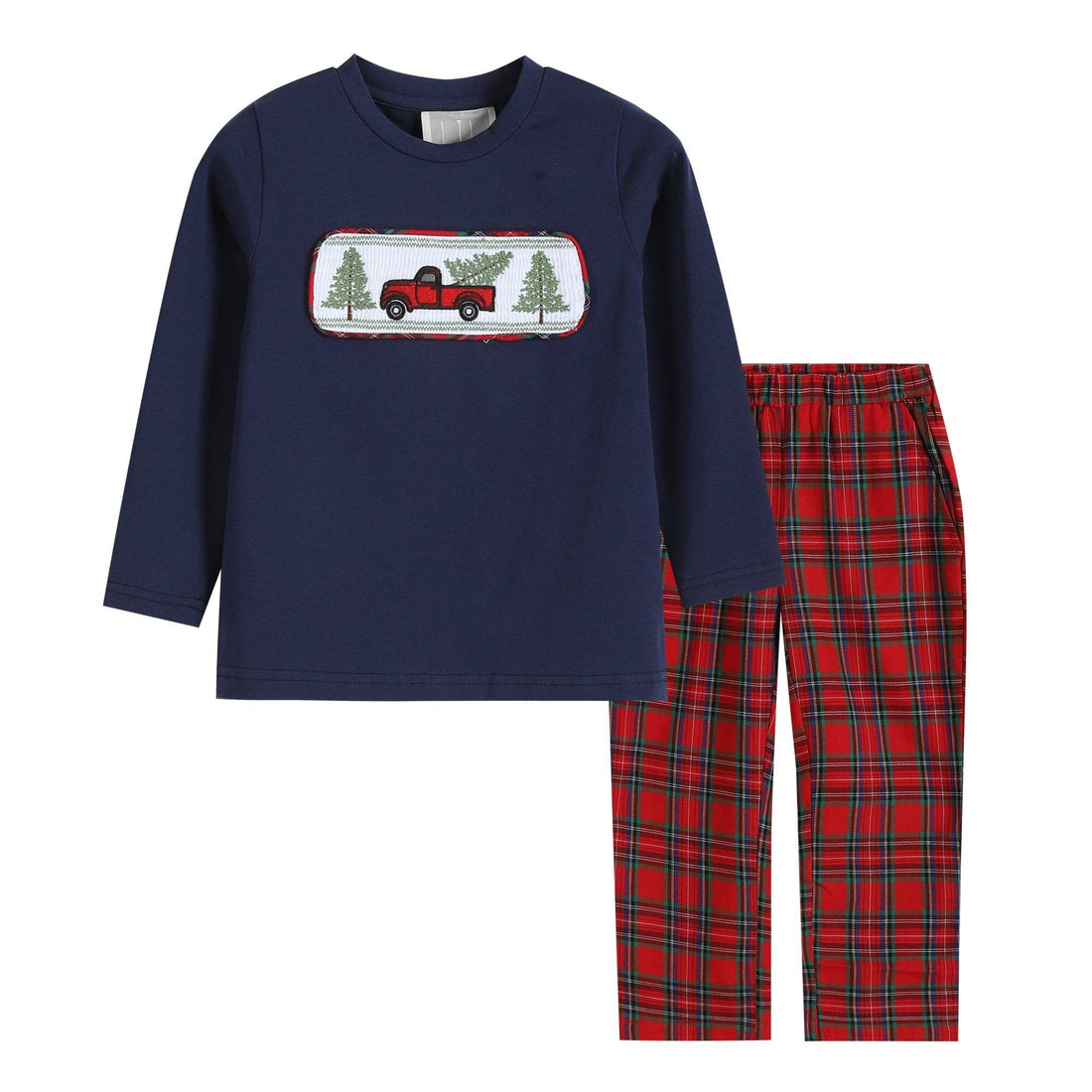 Toddler Red Plaid Christmas Tree and Truck Smocked Christmas Outfit - Gathering Littles
