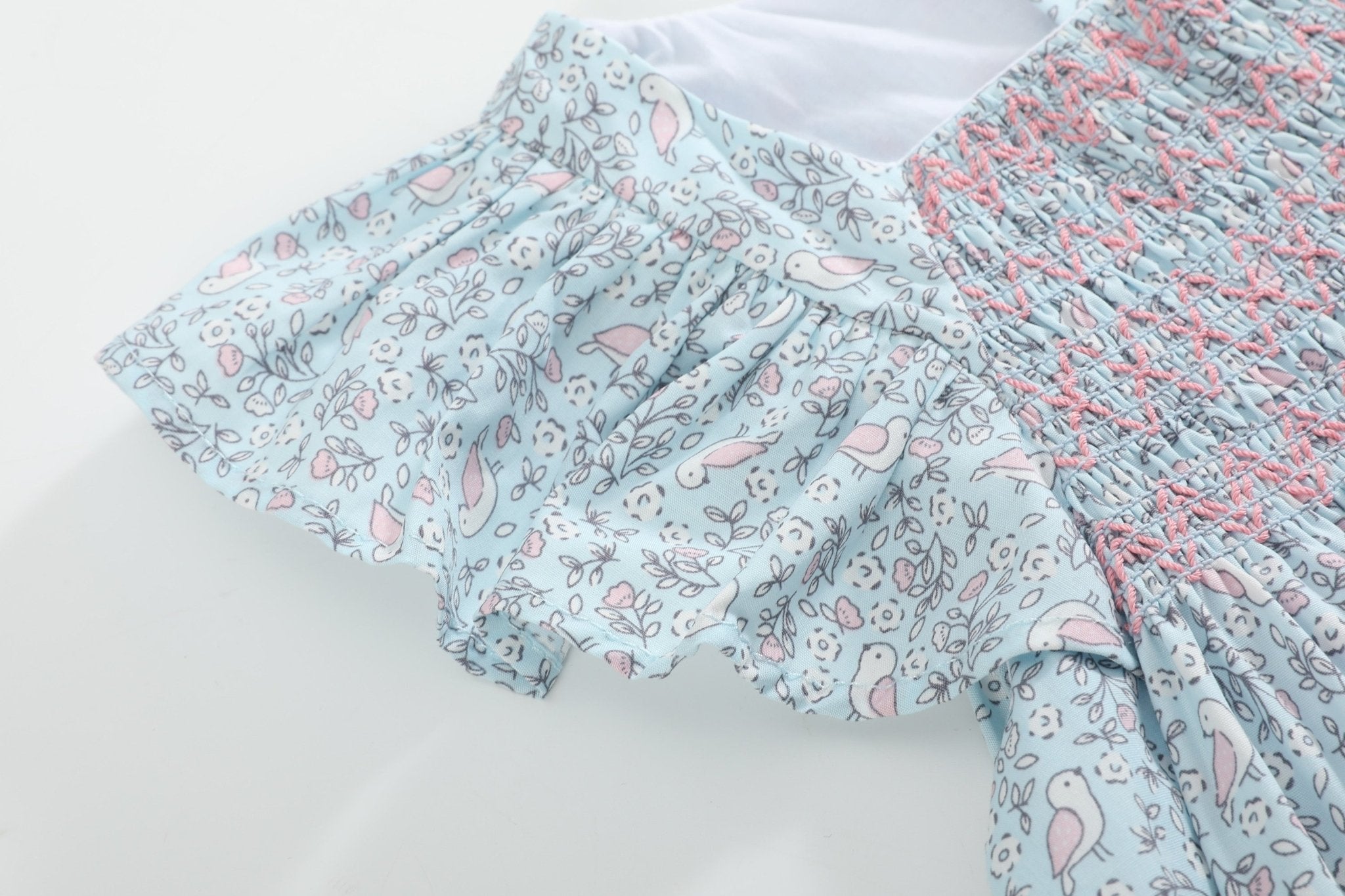Floral Blue Dove Smocked Flutter Dress