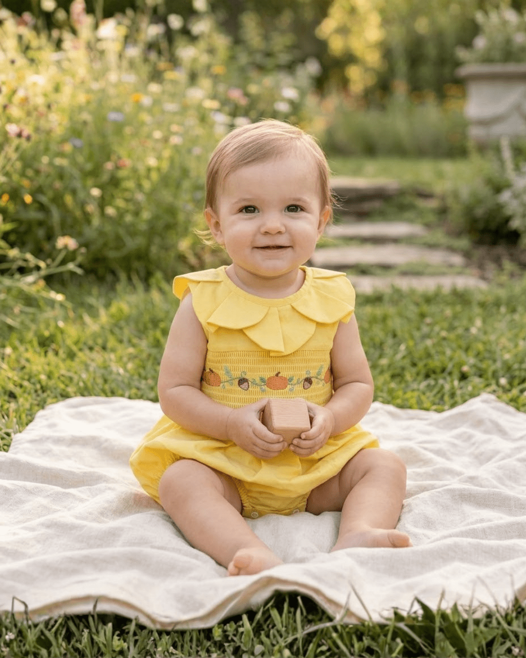 Golden Wheat Pumpkin Smocked Petal Collar Bubble Romper