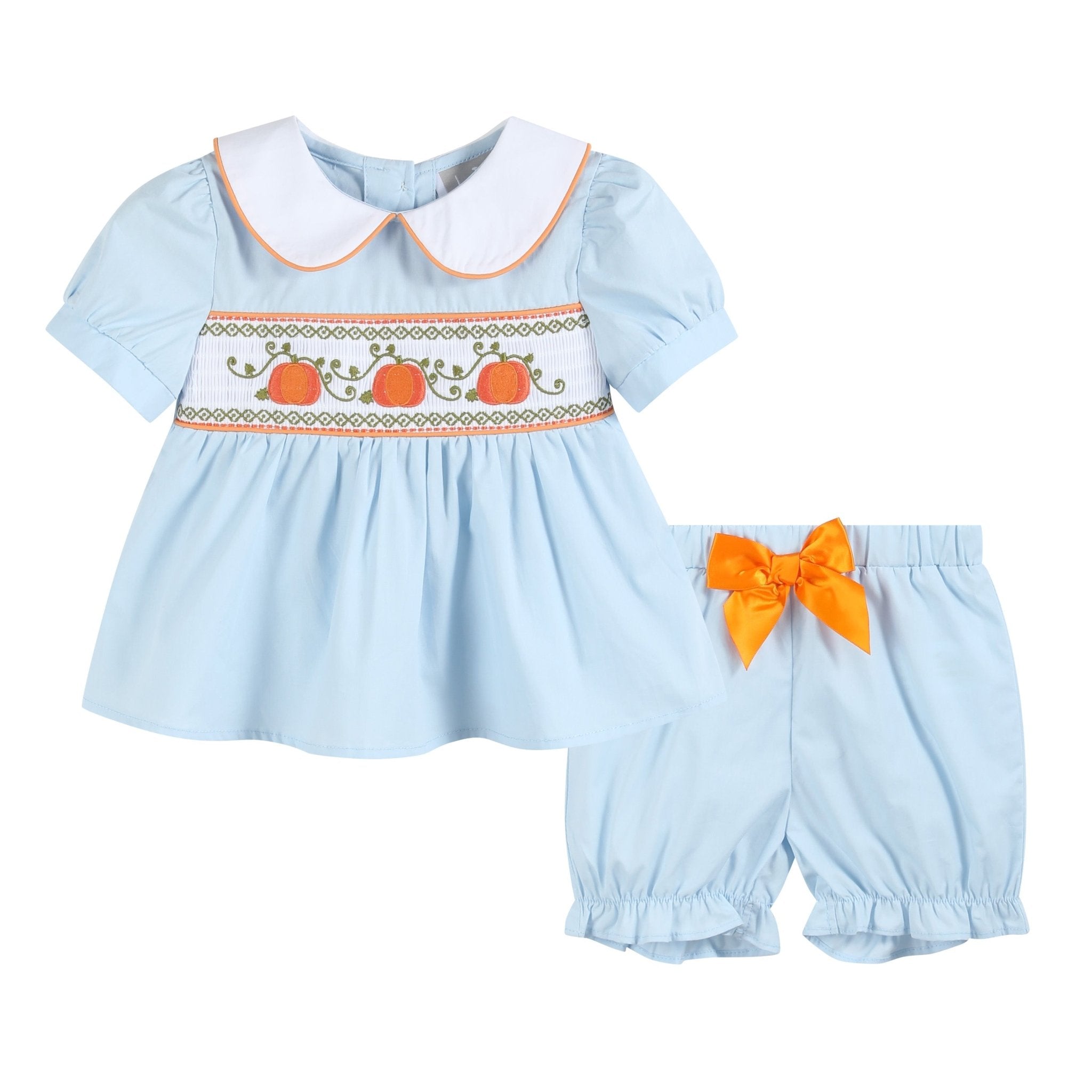 Light Blue Pumpkin Vine Smocked Dress and Bloomers
