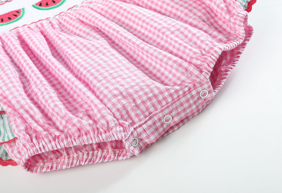 Pink and Green Watermelon Smocked Bubble Ruffle Romper
