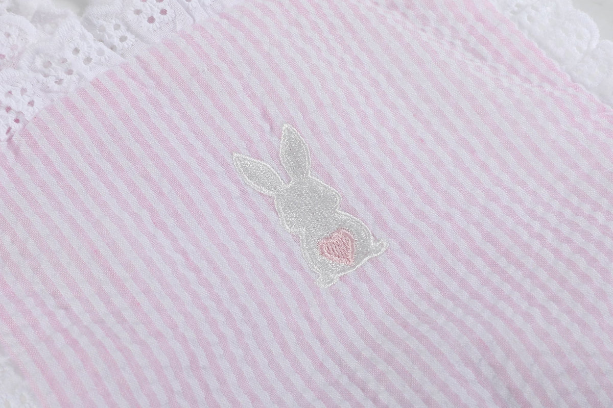 Pink Seersucker Bunny Ruffle Romper