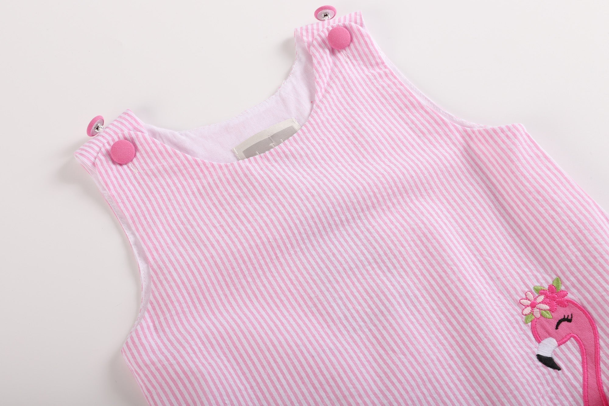 Pink Seersucker Flamingo Ruffle Dress