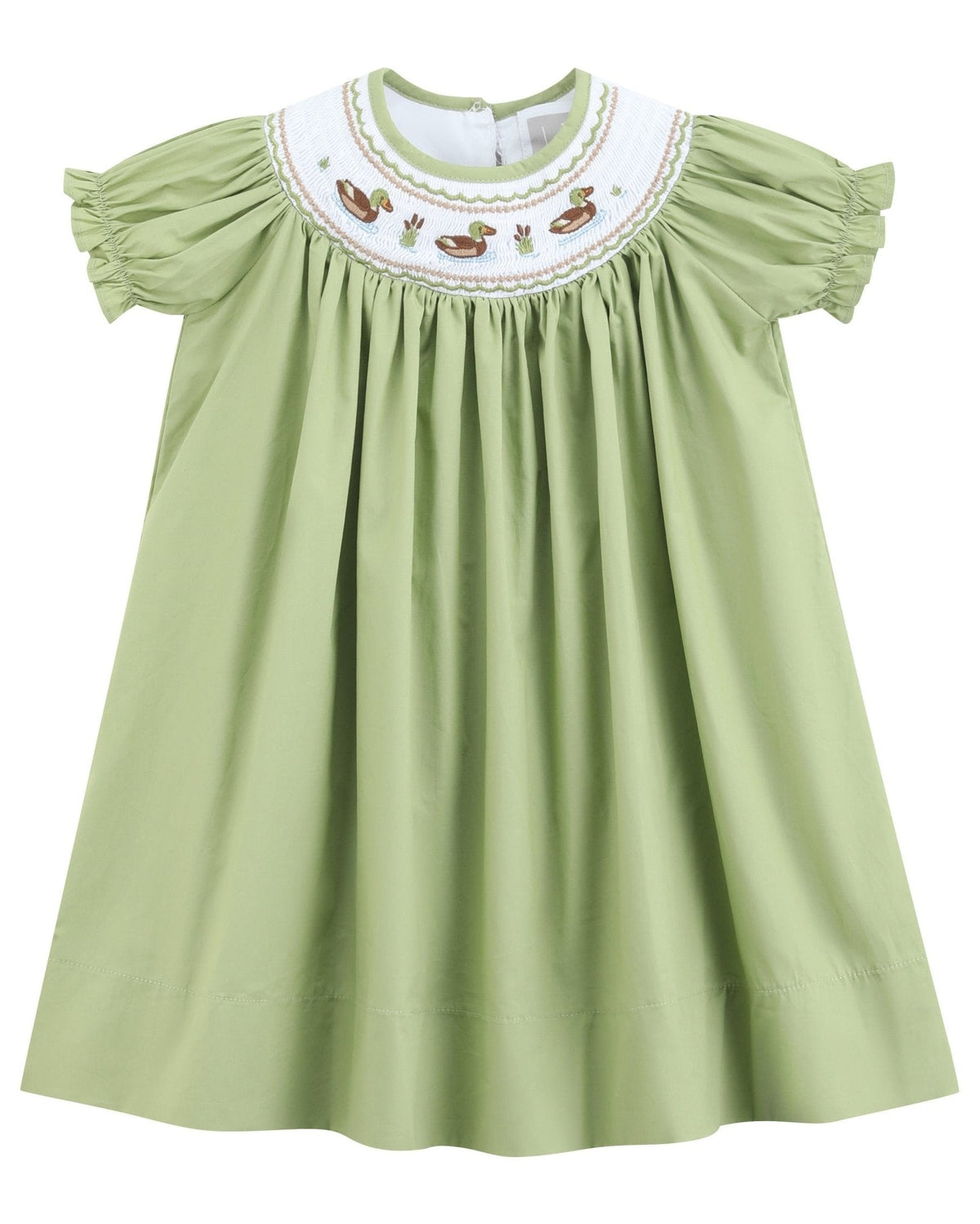 Pistachio Green Mallard Duck Smocked Bishop Dress