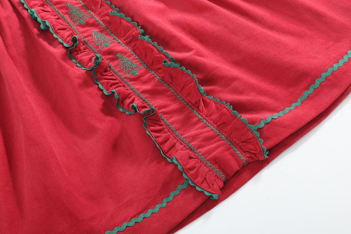 Red Corduroy Ruffle Dress with Christmas Trees