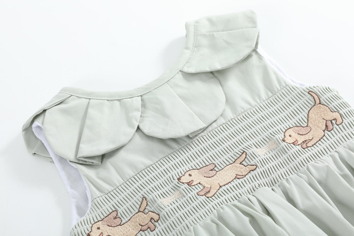 Sage Green Puppy Dog Petal Smocked Bubble Romper