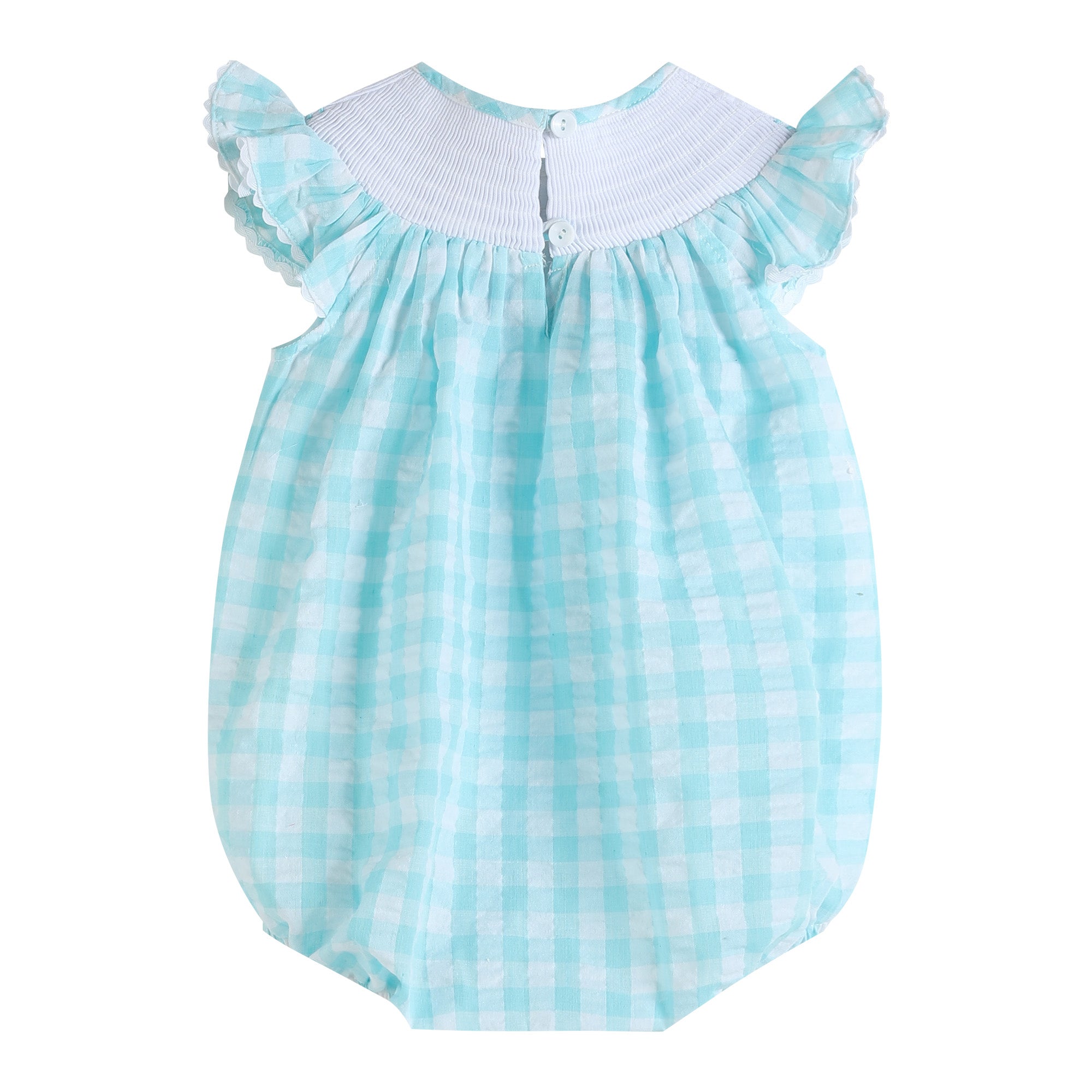 Turquoise Gingham Whale Smocked Flutter Bubble Romper