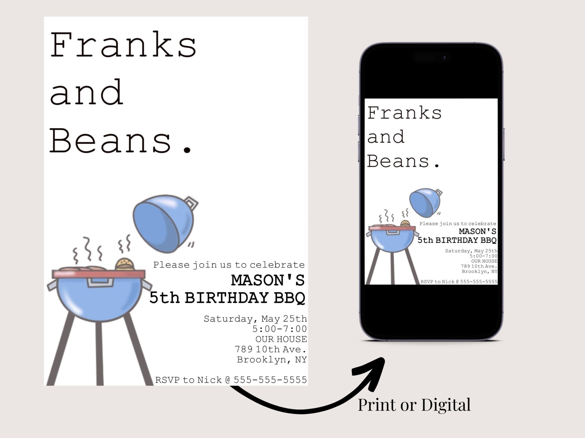 BBQ birthday invitation template | Summer Birthday Template | Franks and Beans theme | BBQ themeproduct_type