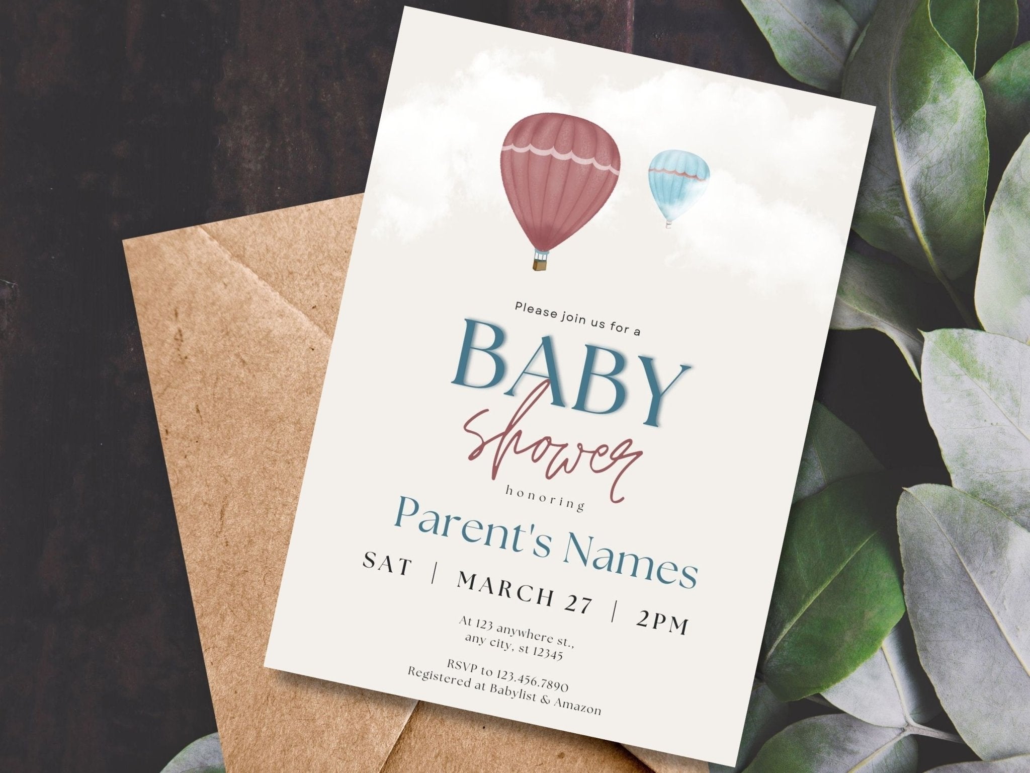 Gender Neutral Baby Shower Invitations, Whimsical Baby Shower Template, Digital Baby Shower Invitation, Hot Air Balloonsproduct_type