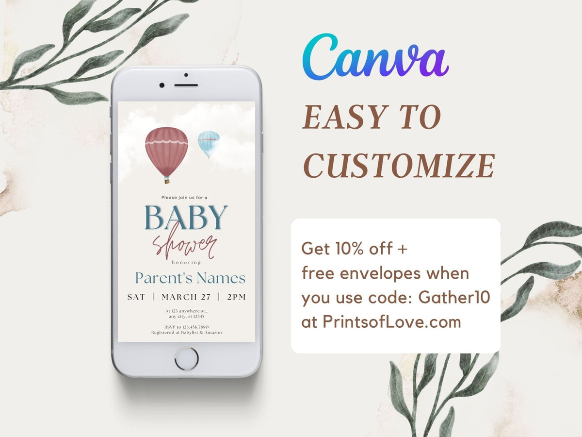 Gender Neutral Baby Shower Invitations, Whimsical Baby Shower Template, Digital Baby Shower Invitation, Hot Air Balloonsproduct_type