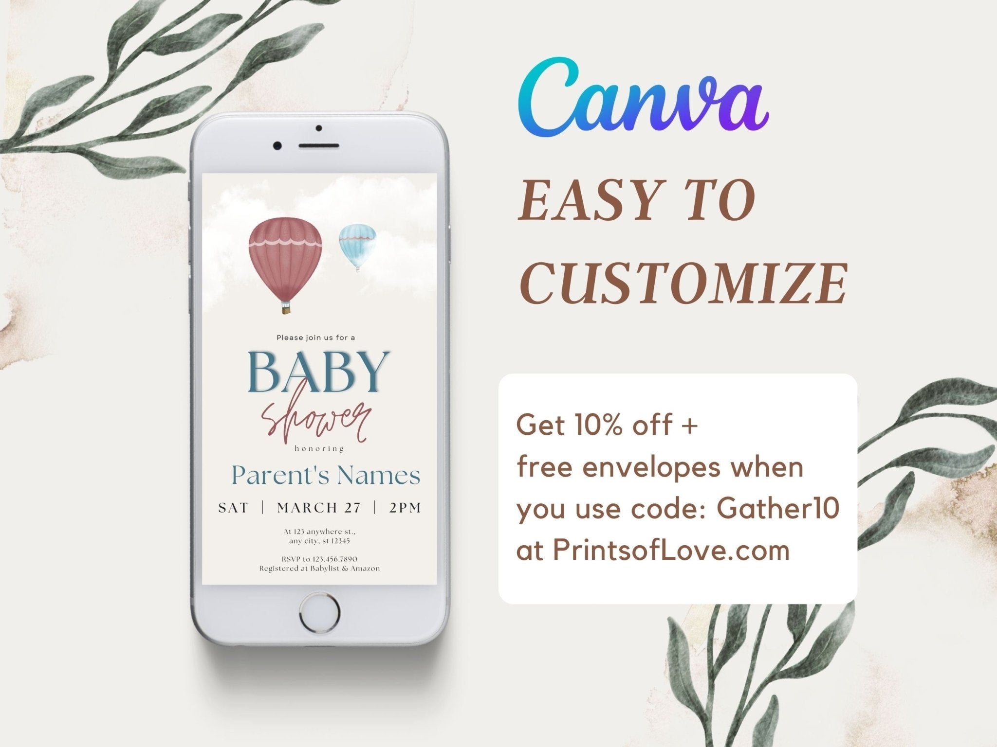 Gender Neutral Baby Shower Invitations, Whimsical Baby Shower Template, Digital Baby Shower Invitation, Hot Air Balloonsproduct_type