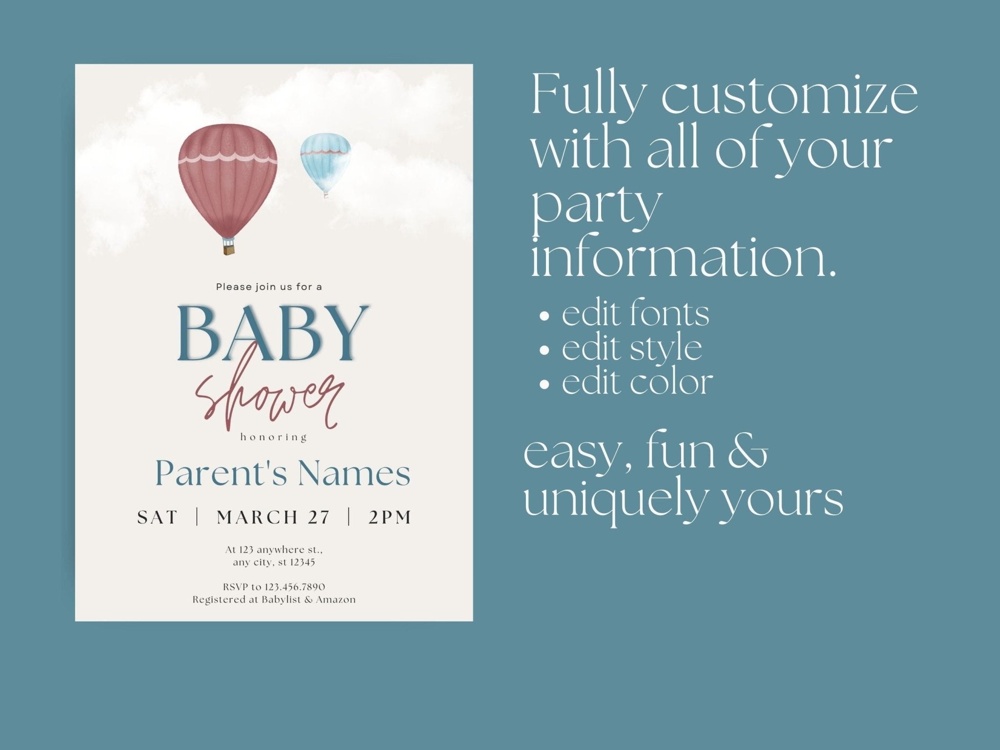 Gender Neutral Baby Shower Invitations, Whimsical Baby Shower Template, Digital Baby Shower Invitation, Hot Air Balloonsproduct_type