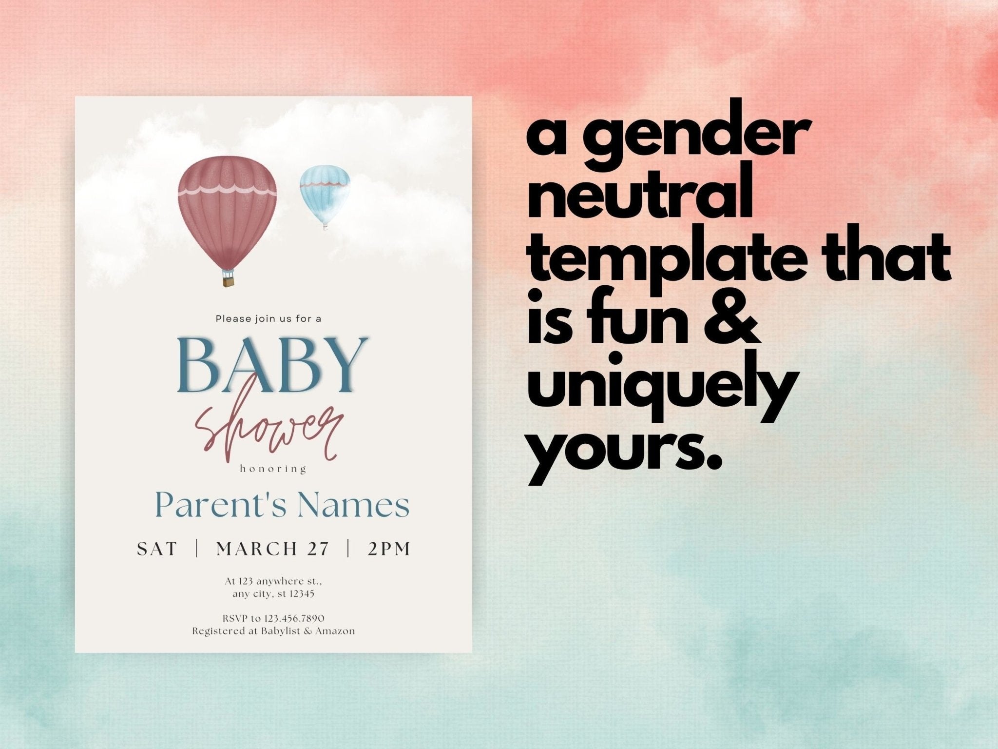 Gender Neutral Baby Shower Invitations, Whimsical Baby Shower Template, Digital Baby Shower Invitation, Hot Air Balloonsproduct_type