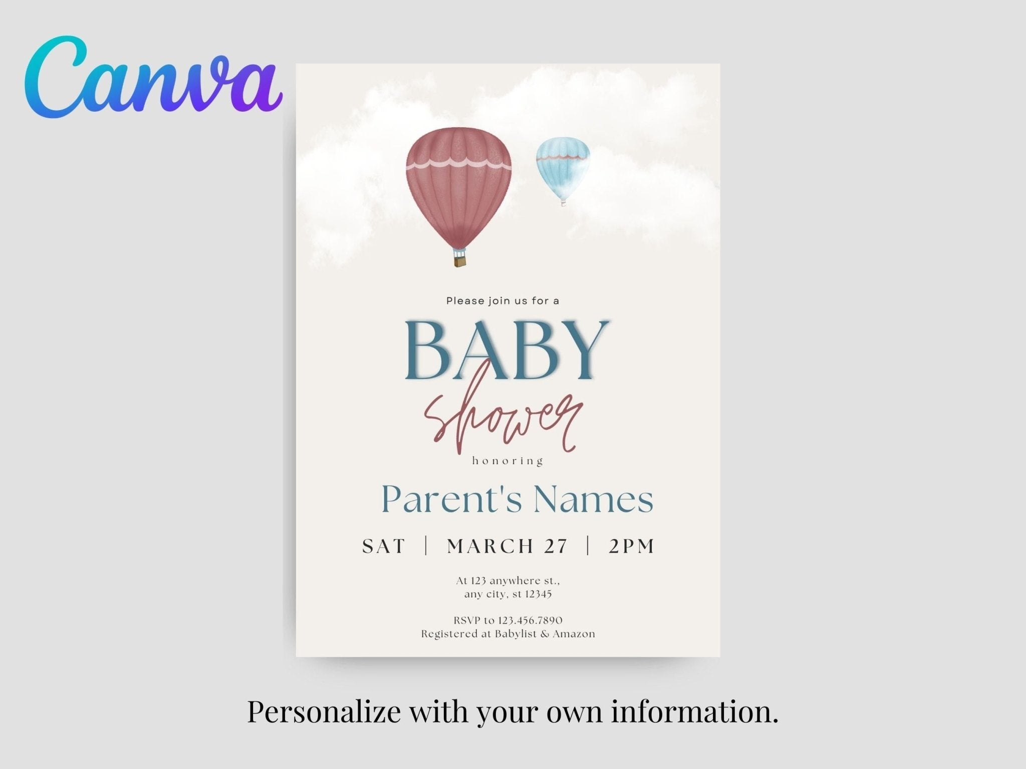 Gender Neutral Baby Shower Invitations, Whimsical Baby Shower Template, Digital Baby Shower Invitation, Hot Air Balloonsproduct_type