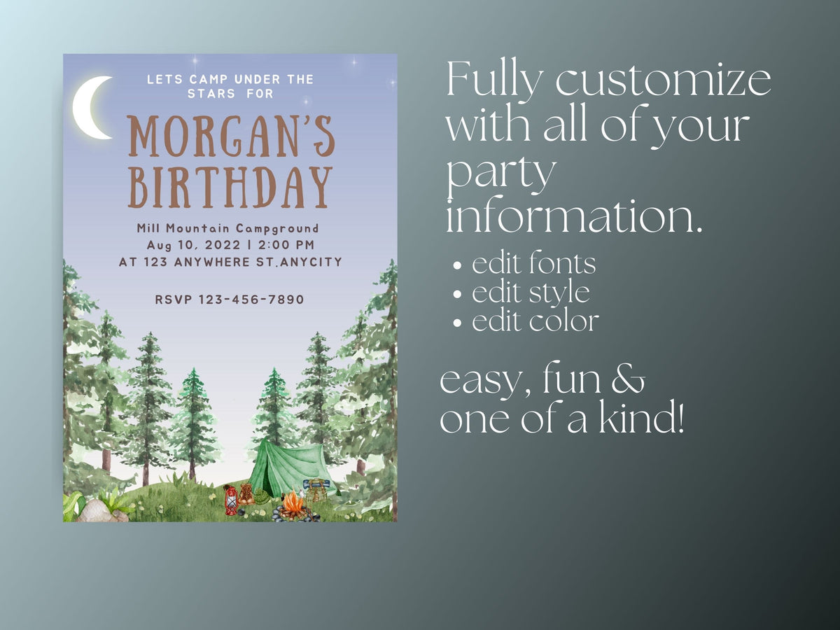 Camping Birthday Invitation, Camping Party Invitation Instant Download, One Happy Camper Birthday - Gathering Littles