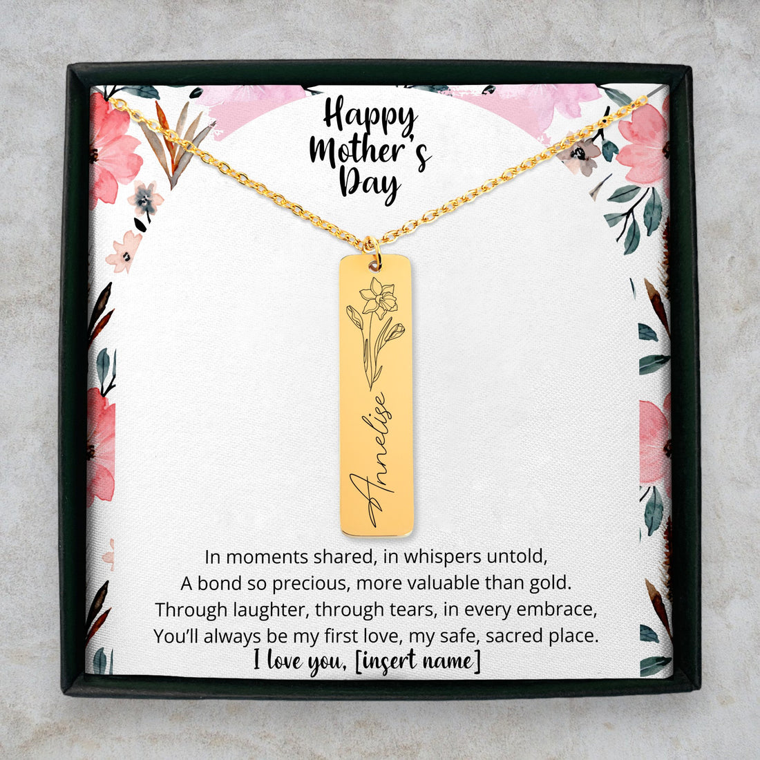 Birth Flower Gift Name Bar Necklace, Personalized Gift for Mom - Gathering Littles