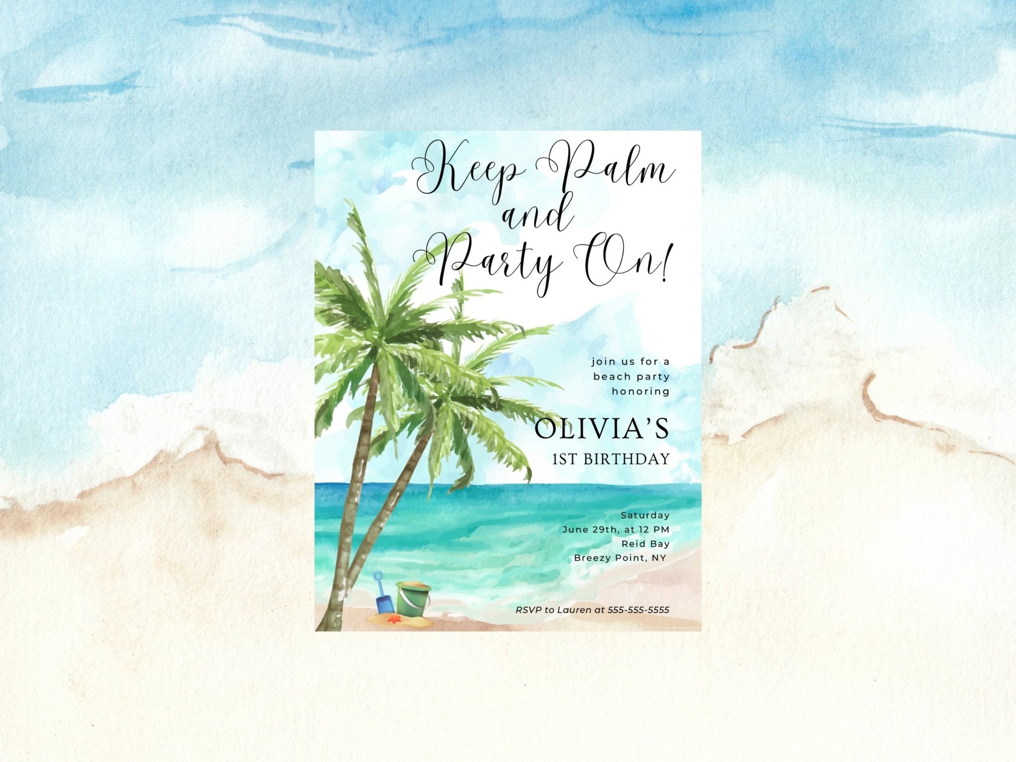 Keep Palm and Party On Birthday Invitation, Beach Party Invitation, Beach Themed Birthday, Children&