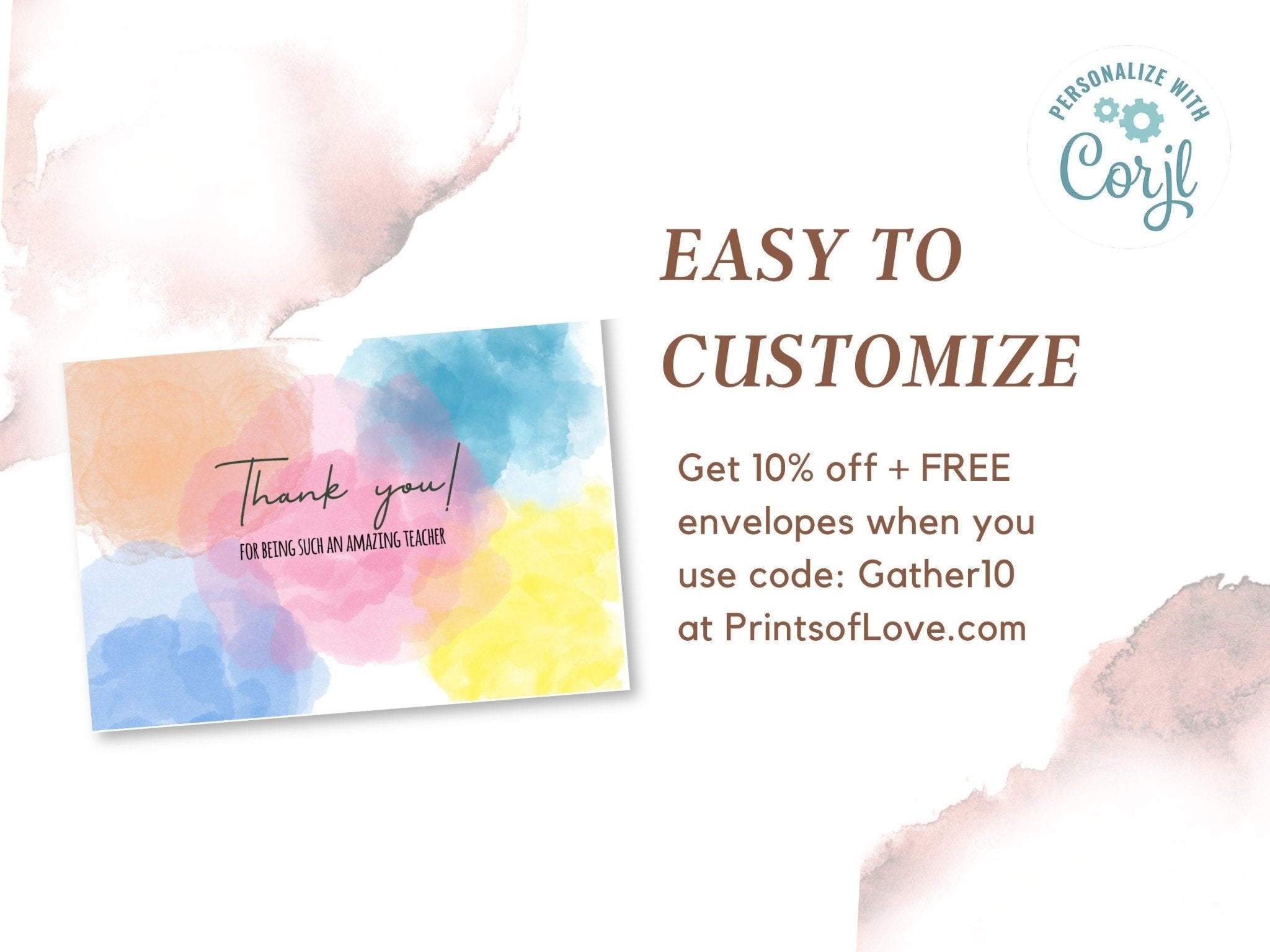 Teacher Appreciation Thank You Card Template, Customizable Watercolor Thank You Card, Cute and Minimal Printable Cardproduct_type