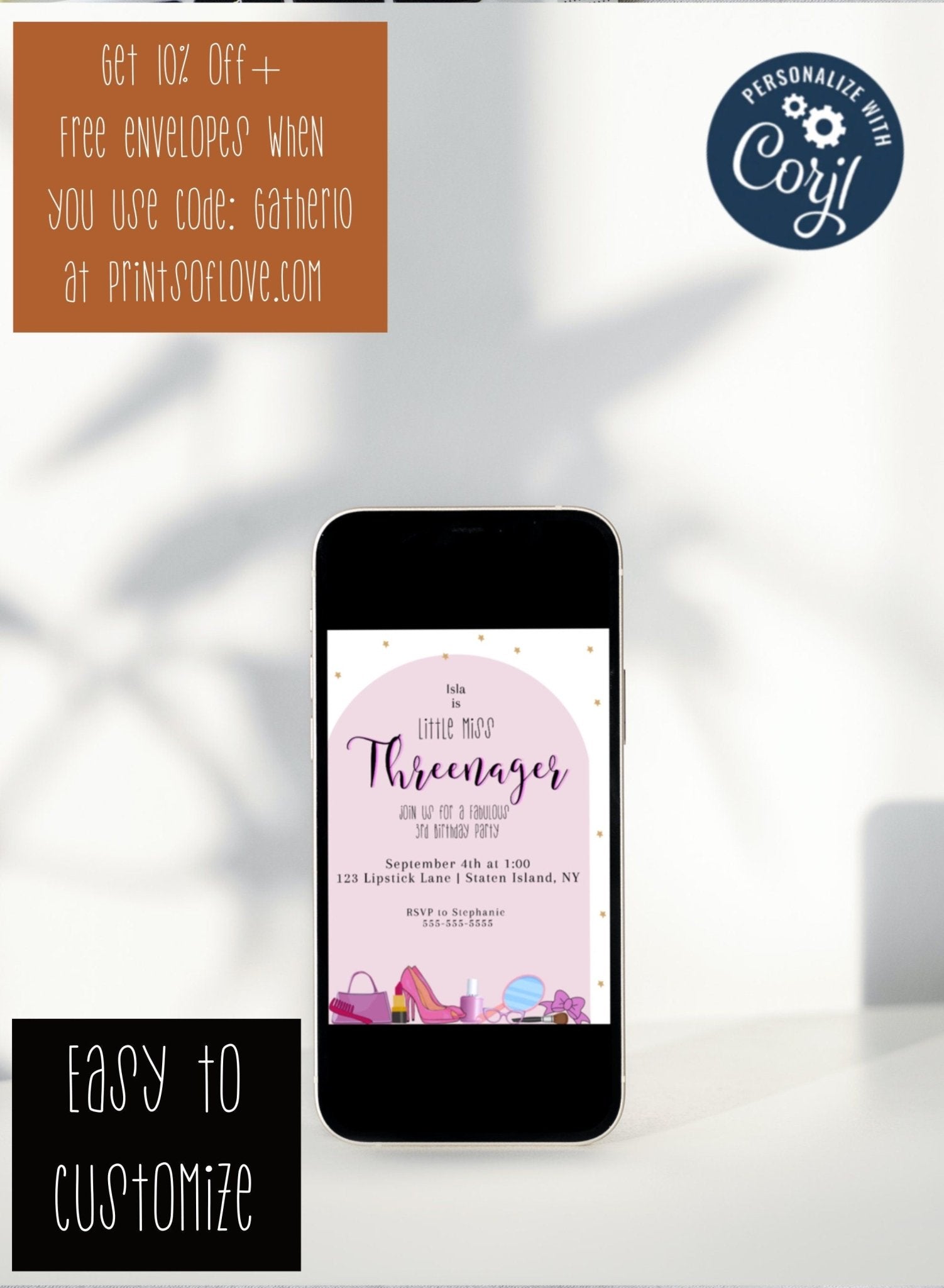 Threenager birthday invitation template | Third Birthday Template | Girly Themeproduct_type