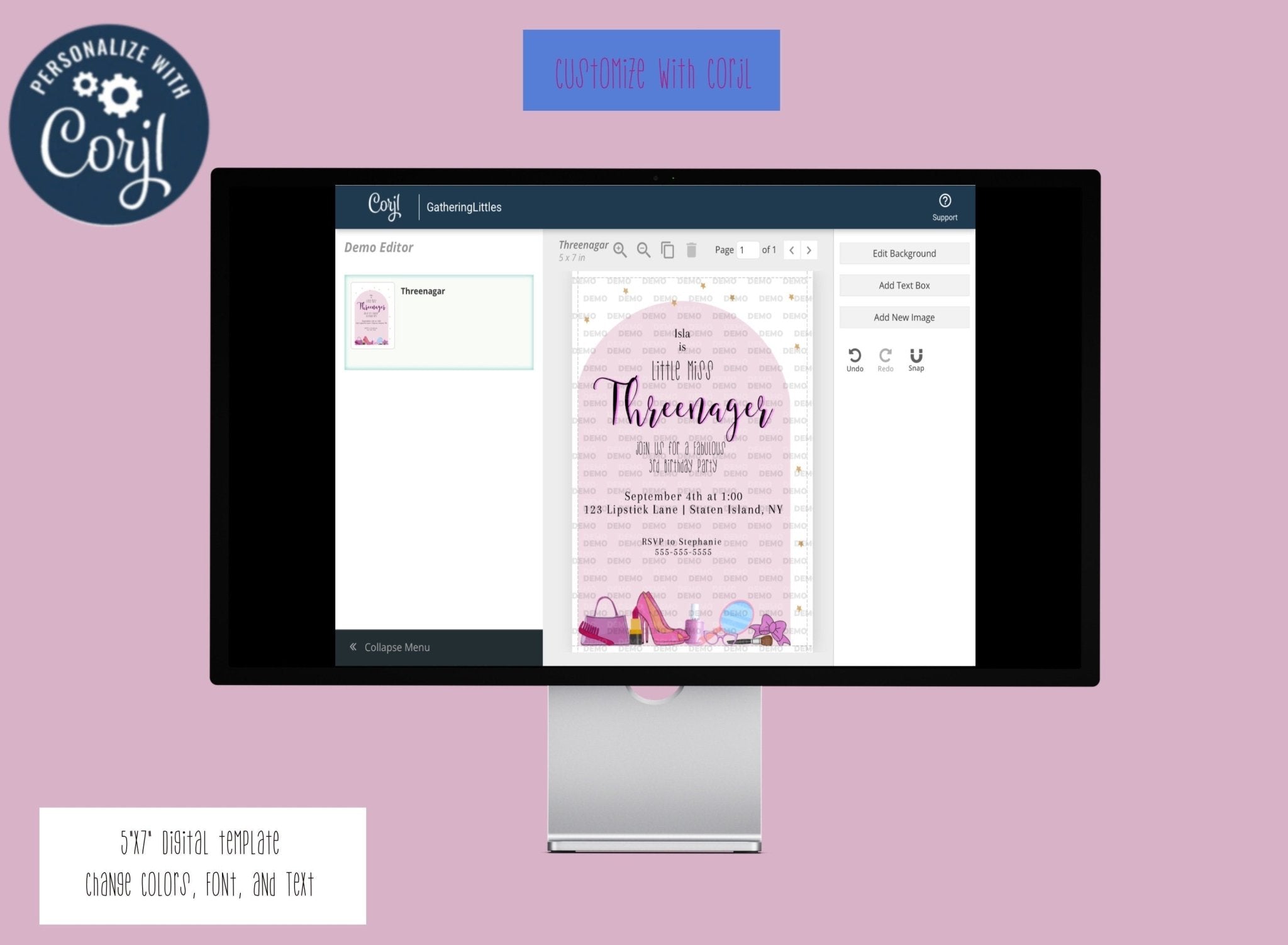 Threenager birthday invitation template | Third Birthday Template | Girly Themeproduct_type