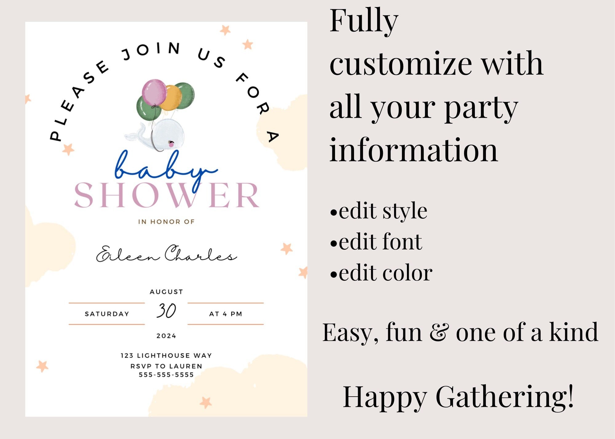 Whale Baby Shower Invitation | Gender Neutral Baby Shower Invitations, Whale Baby Shower Template, Digital Baby Shower Invitationproduct_type