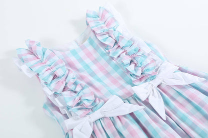 Pink and Aqua Gingham Ruffle Bow Dress