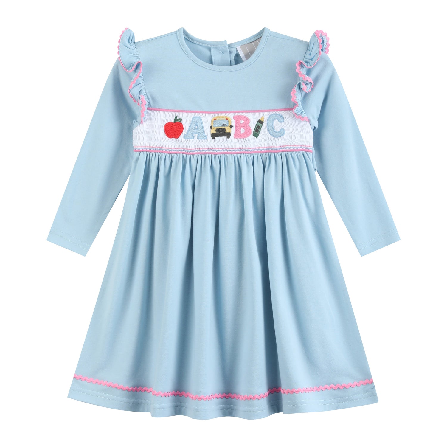 Blue Smocked Knit ABC School Dress