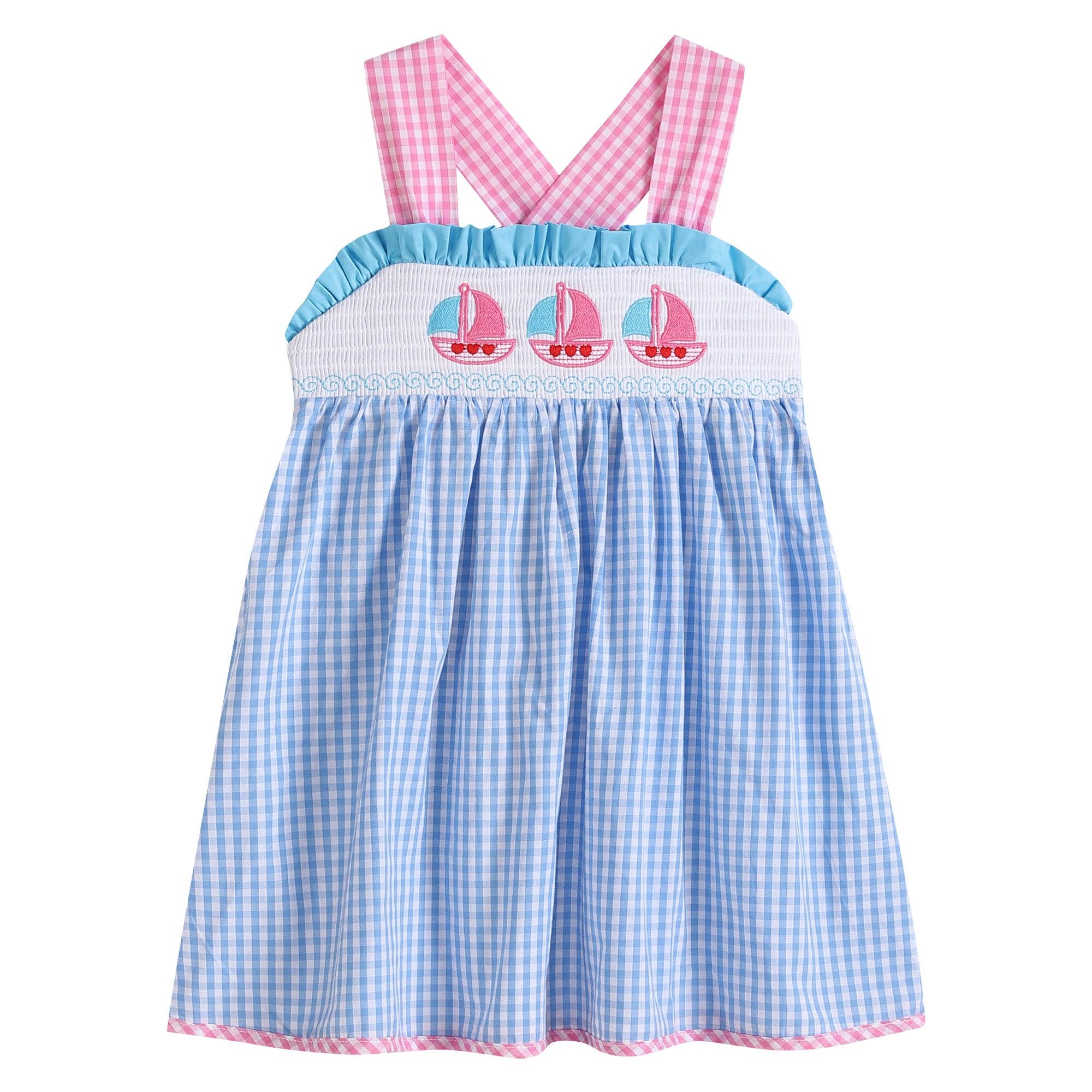 Baby Blue Gingham Pink Sailboats Smocked Baby Dress 3-6M - Gathering Littles