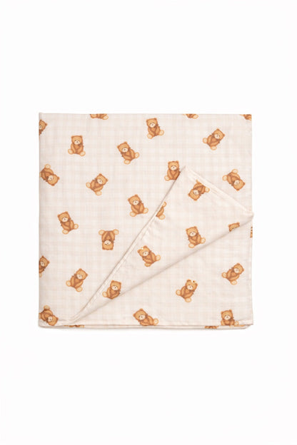 Beige Teddy Bear Gingham Crib Quilted Blanket