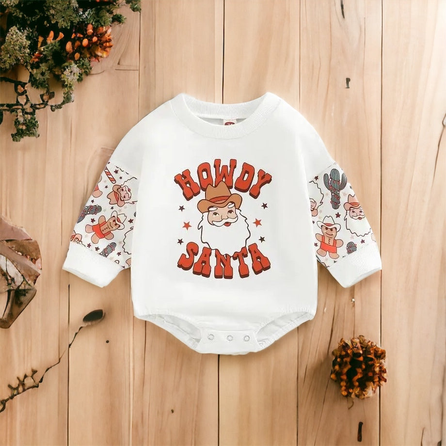 &quot;Howdy Santa&quot; Christmas Baby Outfit, Western Christmas Bubble Romper - Gathering Littles