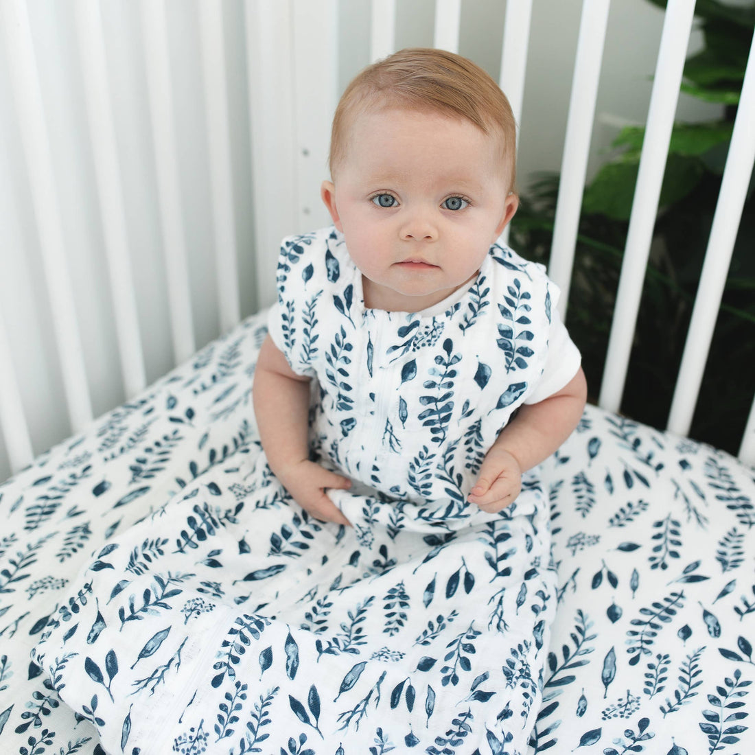 Blue Leaves Classic Muslin Crib Sheet