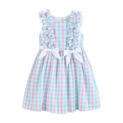 Pink and Aqua Gingham Ruffle Bow Dress