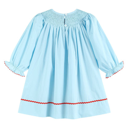 Blue Santa Smocked Bishop Dress - Gathering Littles