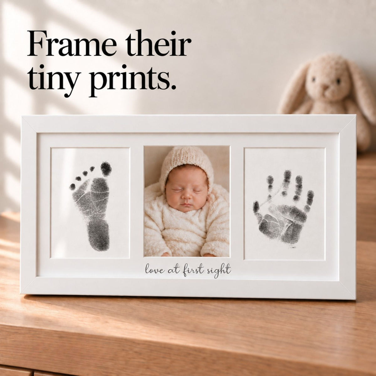 Baby Handprint and Footprint Keepsake Frame - 3-Panel with "Love at first sight" Engraved