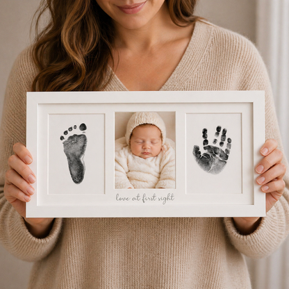 Baby Handprint and Footprint Keepsake Frame - 3-Panel "Love at first sight" Design