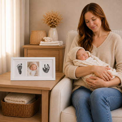 Baby Handprint and Footprint Keepsake Frame - 3-Panel "Love at first sight" Design