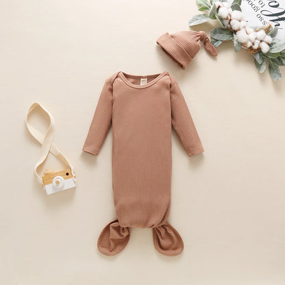 Newborn Ribbed Long Sleeve Knotted Gown with Cap - Gathering Littles