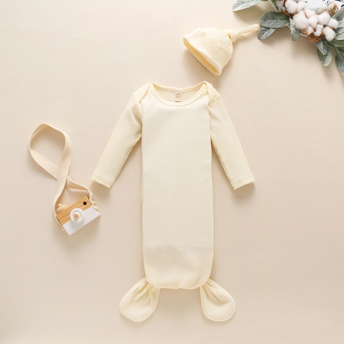 Newborn Ribbed Long Sleeve Knotted Gown with Cap - Gathering Littles