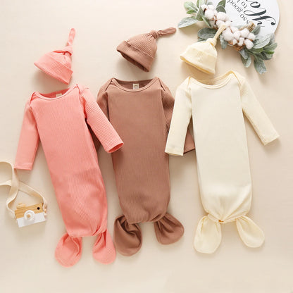 Newborn Ribbed Long Sleeve Knotted Gown with Cap - Gathering Littles