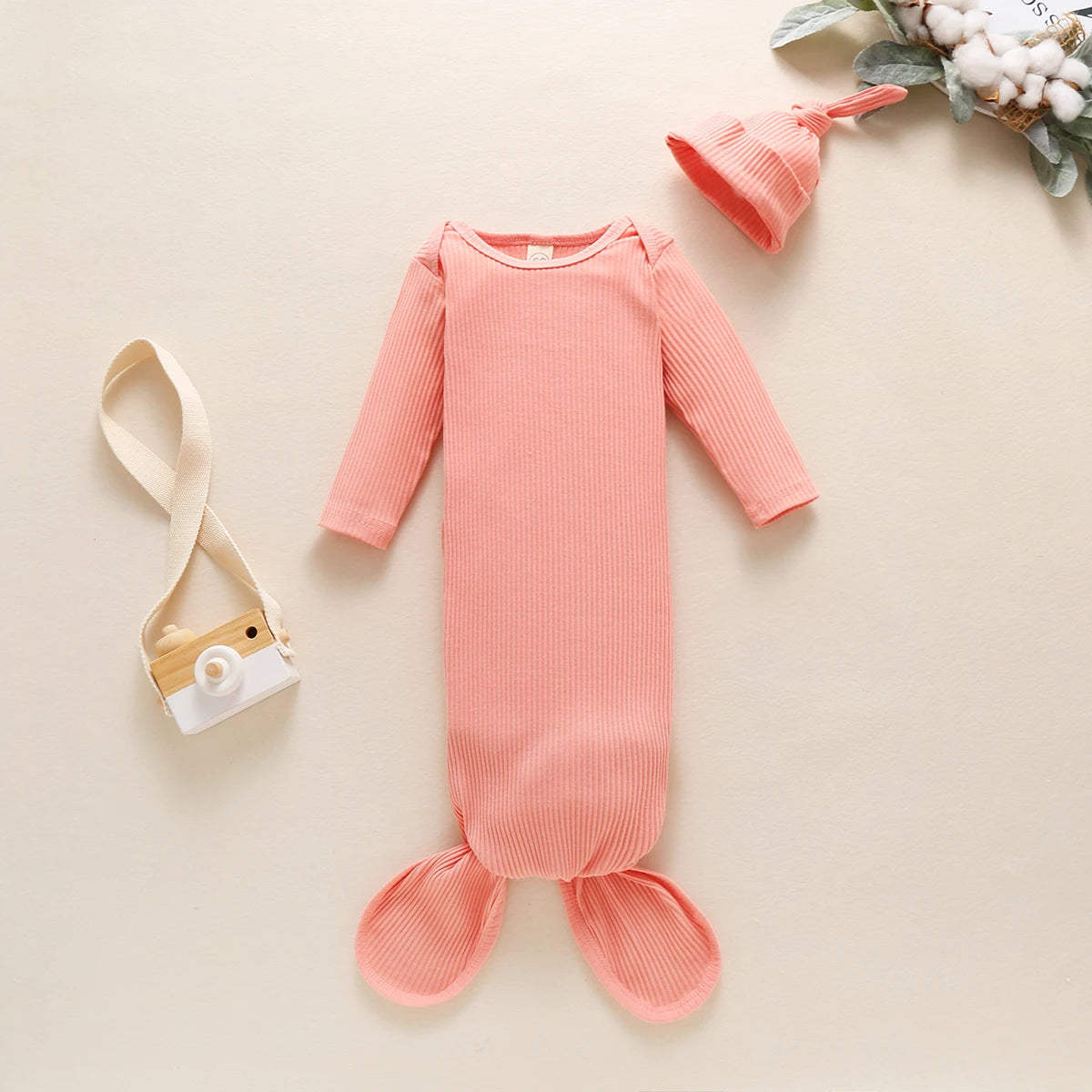 Newborn Ribbed Long Sleeve Knotted Gown with Cap - Gathering Littles